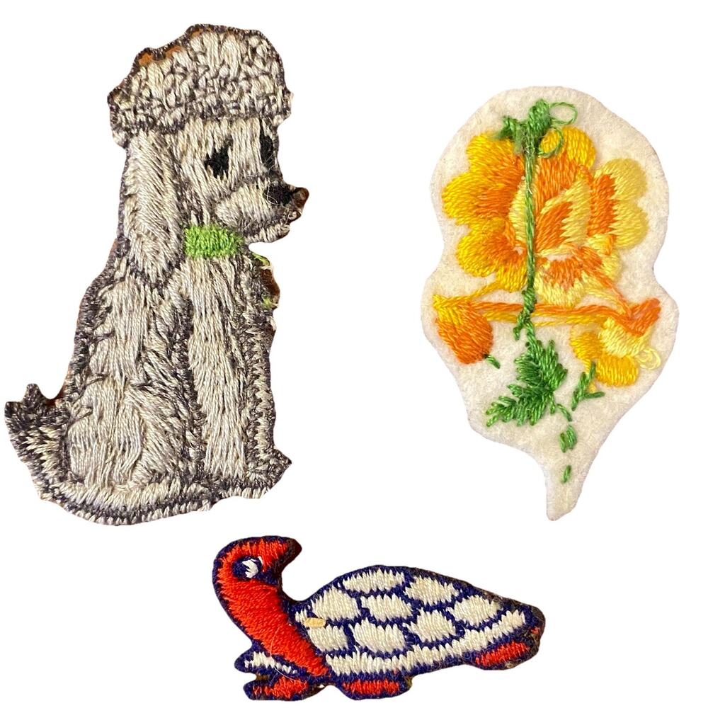 Lot of 3 Iron On Patches Turtle Dog Flowers Embroidery Applique Clothes Patches